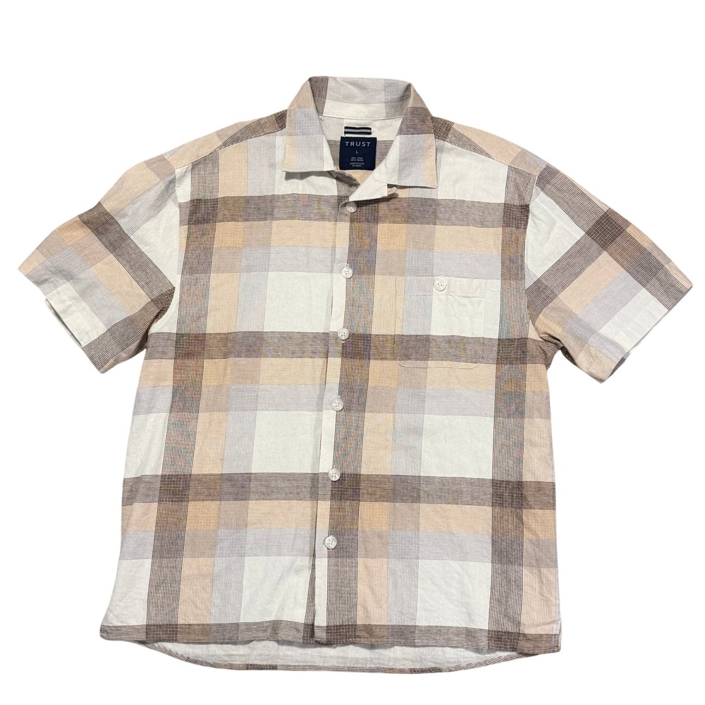TRUST Button Down Camp Shirt Men's Large Beige Plaid Linen Blend Short Sleeve